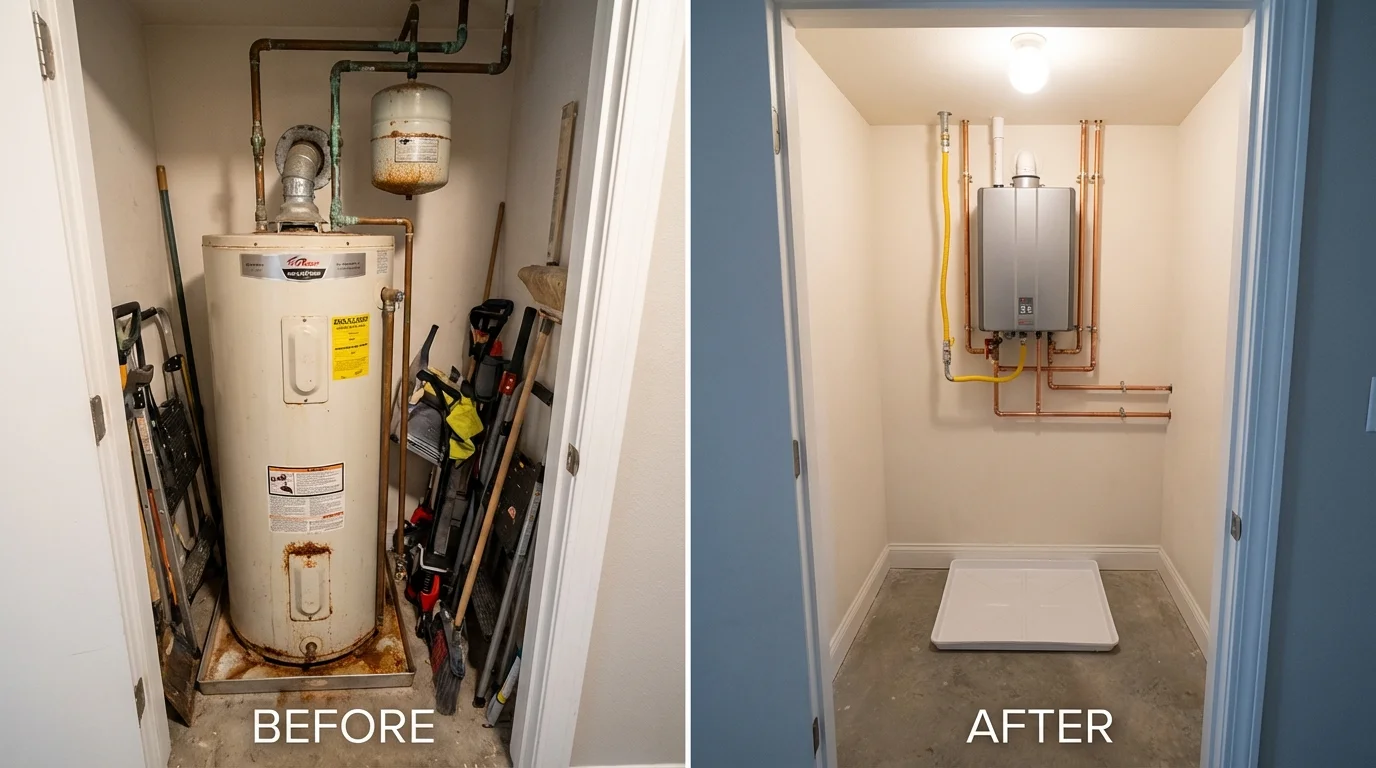 Tank water heater versus wall-mounted tankless unit comparison for Middletown, DE homeowners
