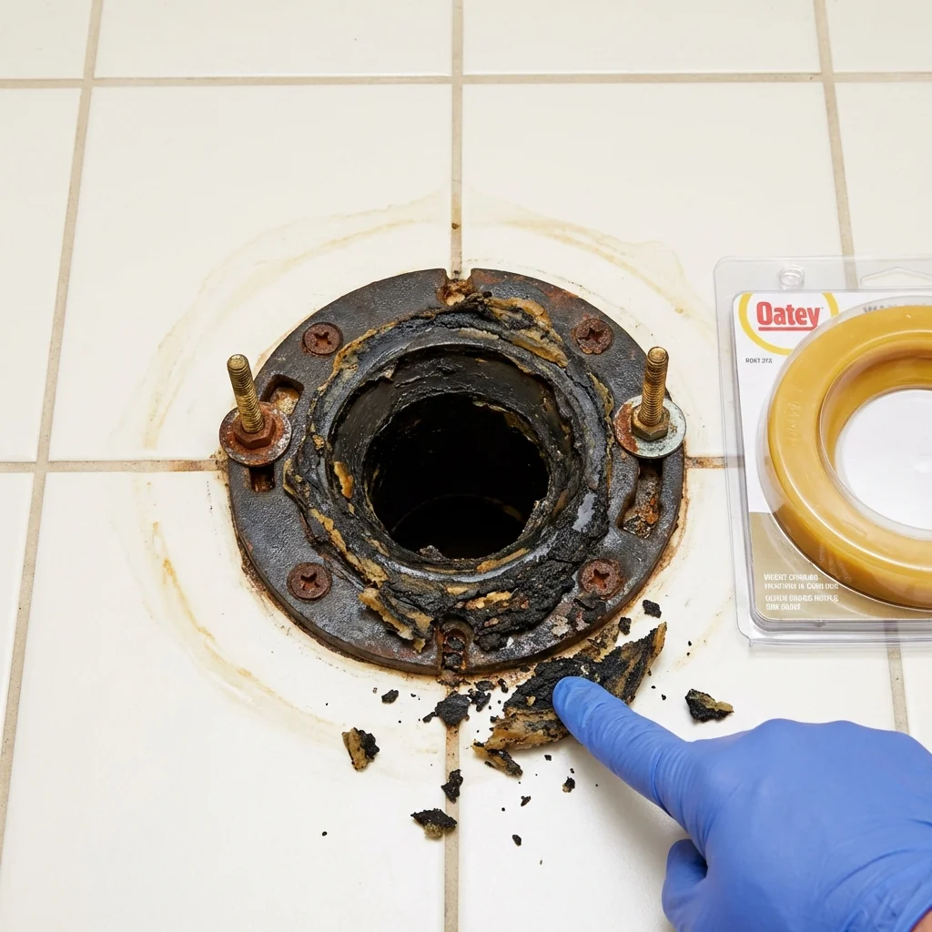 Failed wax ring showing water seepage at the base of a toilet in a Middletown, DE home