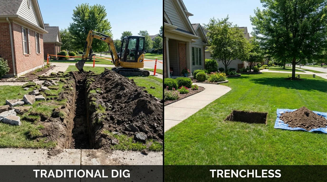 Trenchless sewer repair with minimal yard damage versus traditional excavation in Middletown, DE