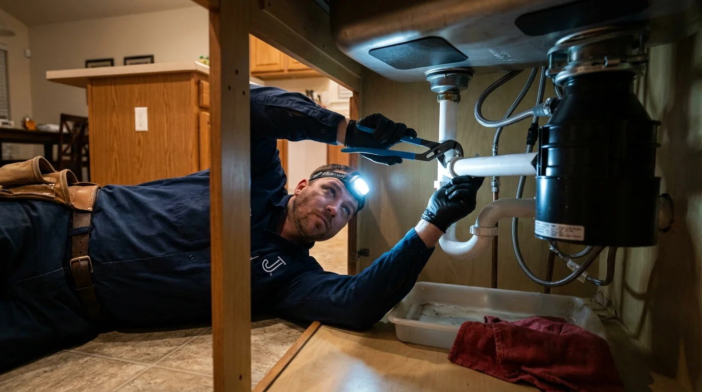P-trap and supply line connections under a kitchen sink showing a common leak point in Middletown, DE